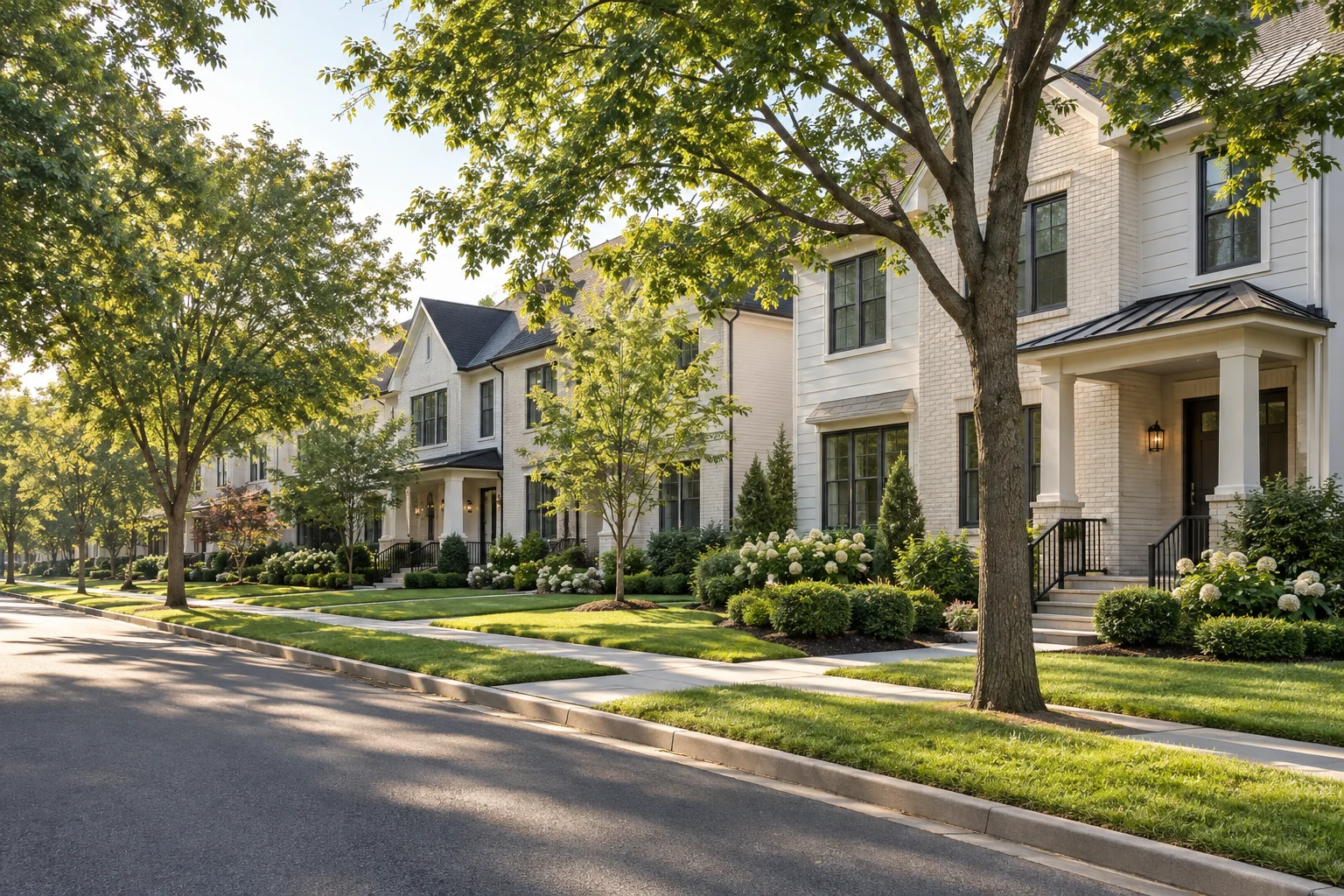A lived-in residential street of maintained homes in a year-round village