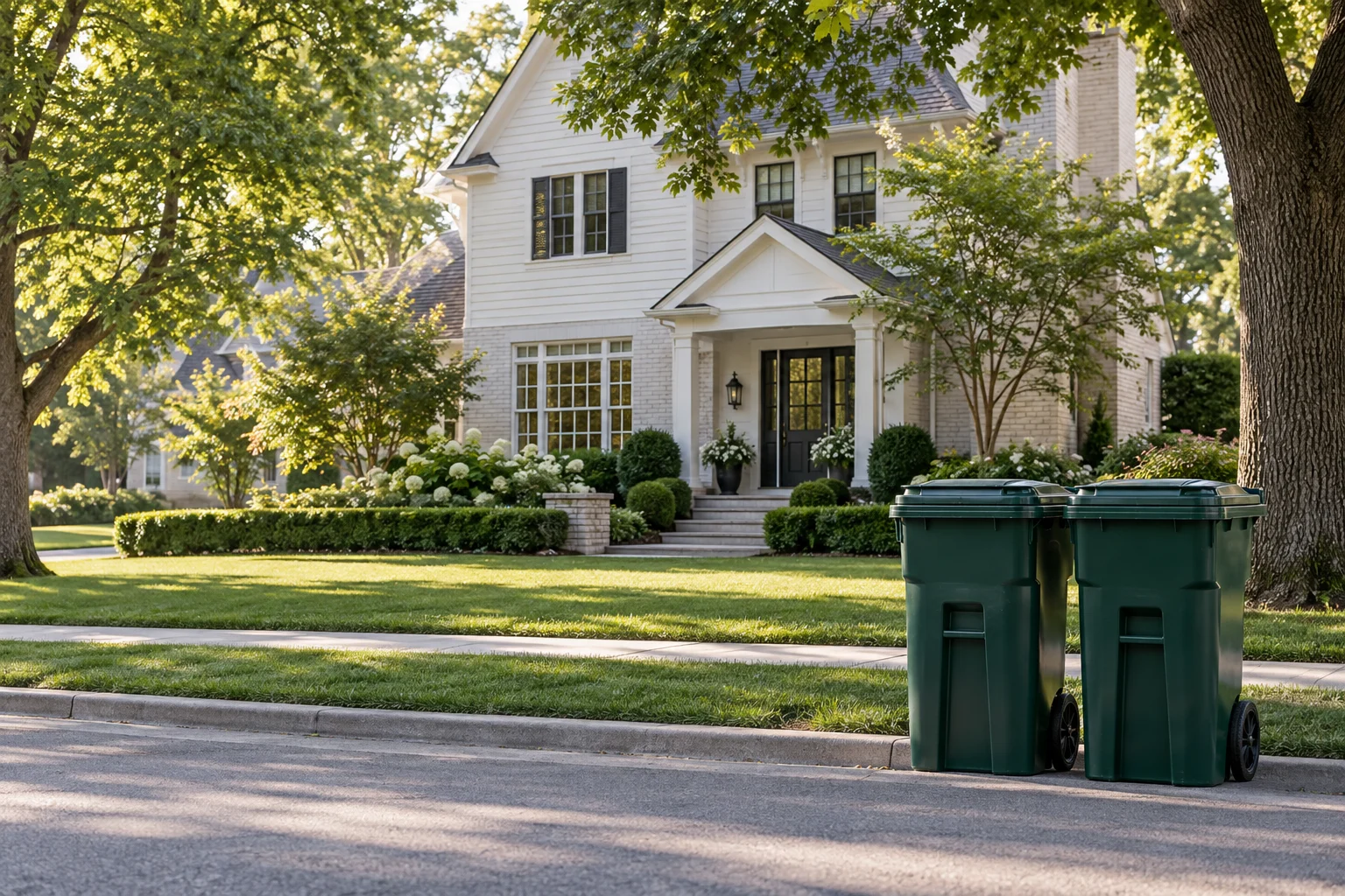 A single home with its bins out at the curb, the weekly routine in a harbor town