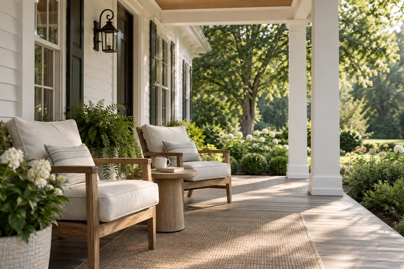 An empty porch with lounge chairs at a weekend house, nobody home midweek